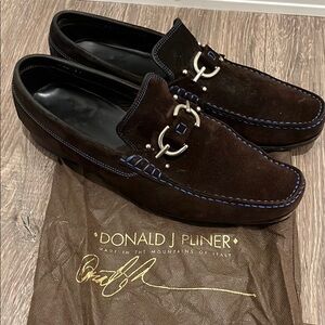 Donald J. Pliner Brown Loafers with Suede Texture and Blue Contrast Stitching